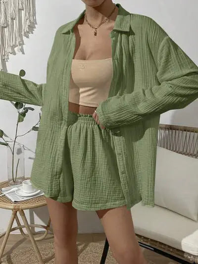 Blue Zone Planet |  Dropped Shoulder Button Up Top and Elastic Waist Shorts Set BLUE ZONE PLANET