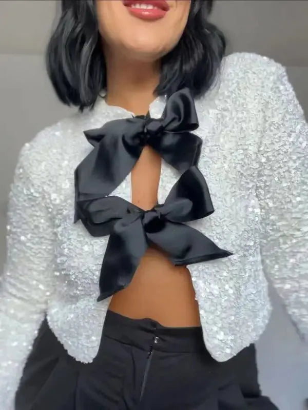 Blue Zone Planet | Elegant Beaded Bow Loose Jacket BLUE ZONE PLANET