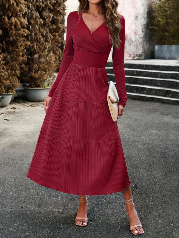 Blue Zone Planet |  Elegant V-Neck Long-sleeve Midi Dress BLUE ZONE PLANET