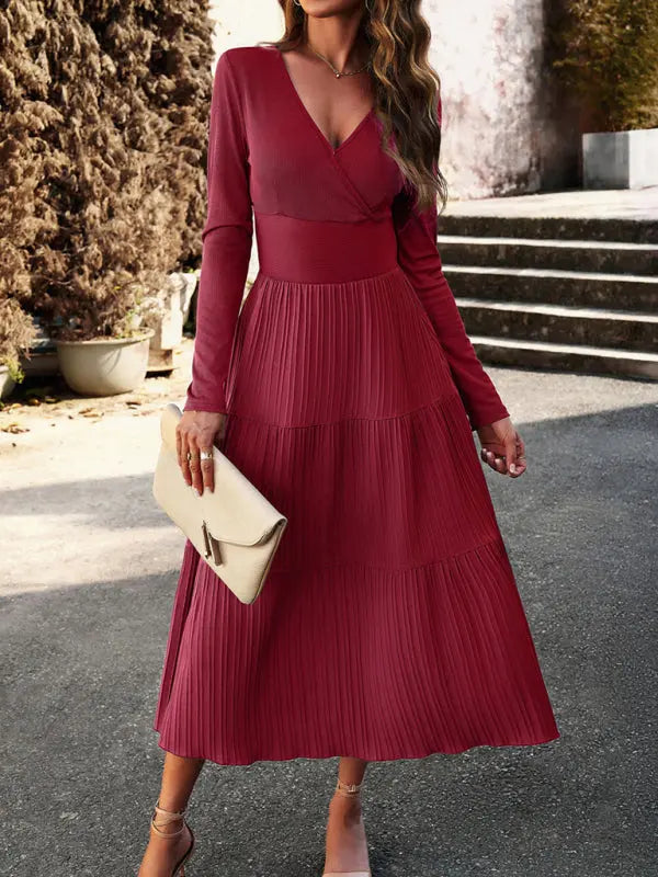 Blue Zone Planet |  Elegant V-Neck Long-sleeve Midi Dress BLUE ZONE PLANET