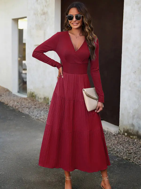 Blue Zone Planet |  Elegant V-Neck Long-sleeve Midi Dress BLUE ZONE PLANET