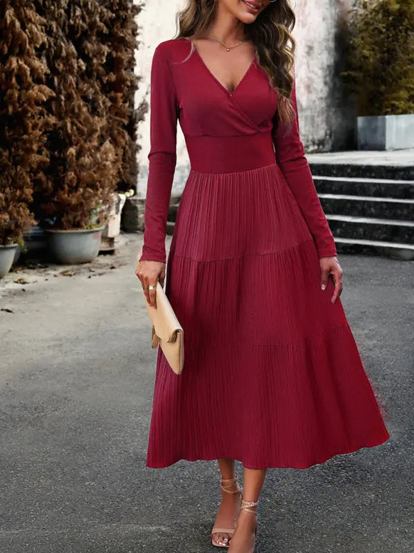 Blue Zone Planet |  Elegant V-Neck Long-sleeve Midi Dress BLUE ZONE PLANET
