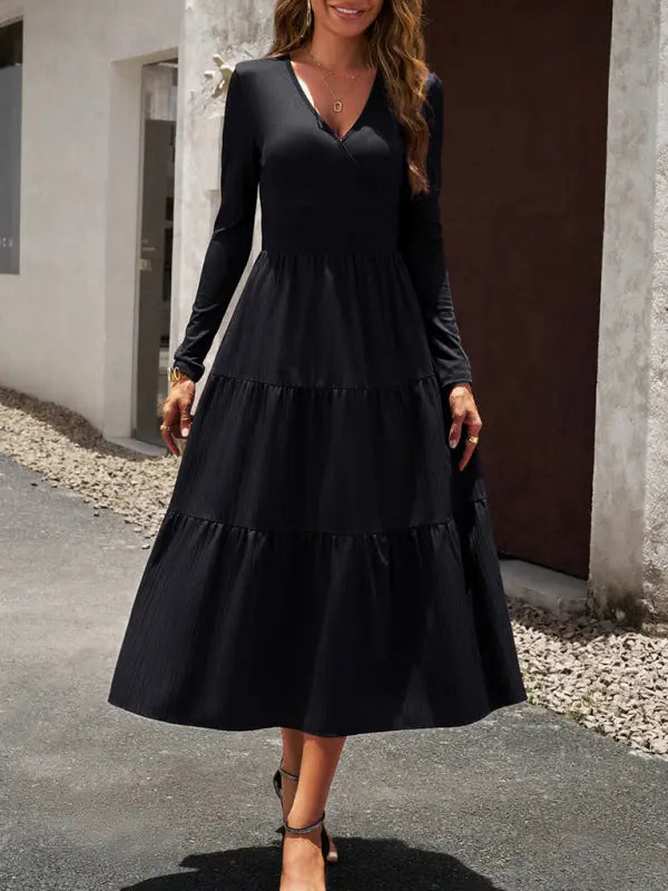 Blue Zone Planet |  Elegant V-Neck Long-sleeve Midi Dress BLUE ZONE PLANET