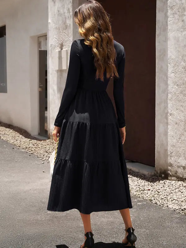 Blue Zone Planet |  Elegant V-Neck Long-sleeve Midi Dress BLUE ZONE PLANET