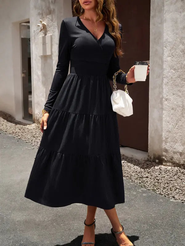 Blue Zone Planet |  Elegant V-Neck Long-sleeve Midi Dress BLUE ZONE PLANET
