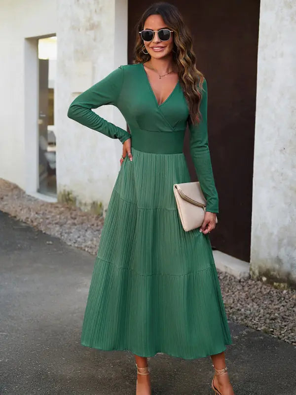 Blue Zone Planet |  Elegant V-Neck Long-sleeve Midi Dress BLUE ZONE PLANET