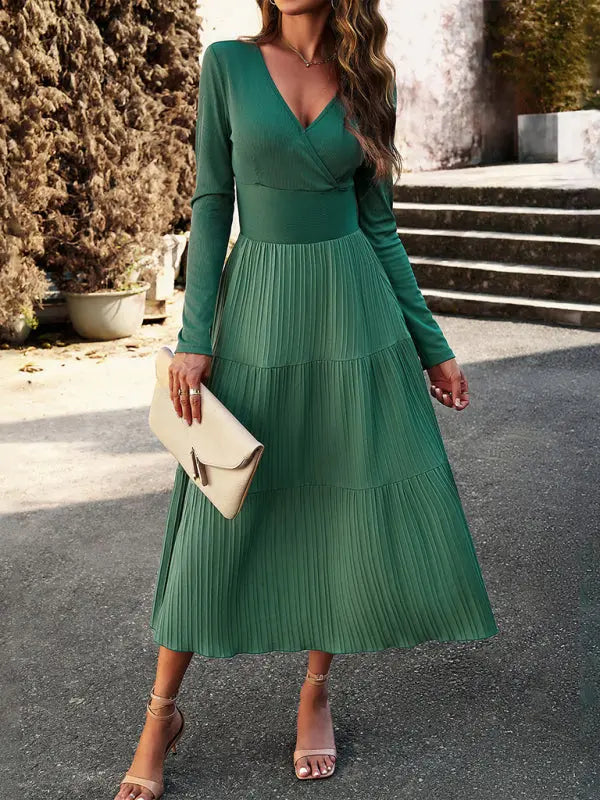 Blue Zone Planet |  Elegant V-Neck Long-sleeve Midi Dress BLUE ZONE PLANET