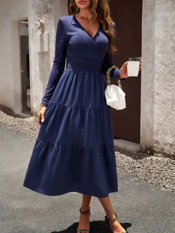 Blue Zone Planet |  Elegant V-Neck Long-sleeve Midi Dress BLUE ZONE PLANET