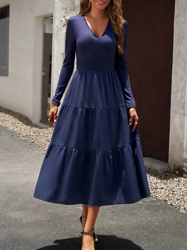 Blue Zone Planet |  Elegant V-Neck Long-sleeve Midi Dress BLUE ZONE PLANET