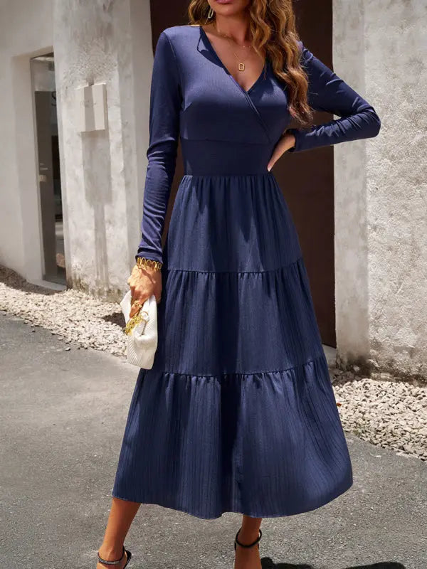 Blue Zone Planet |  Elegant V-Neck Long-sleeve Midi Dress BLUE ZONE PLANET