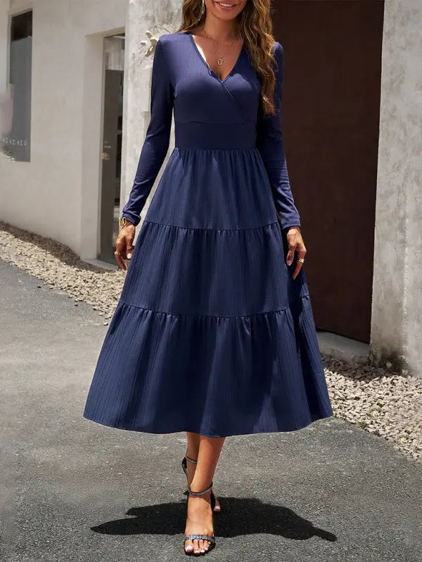 Blue Zone Planet |  Elegant V-Neck Long-sleeve Midi Dress BLUE ZONE PLANET