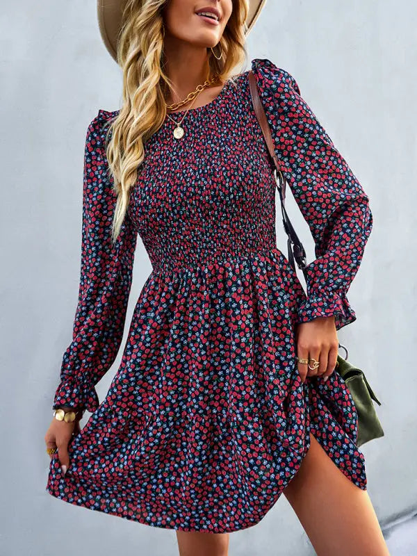 Blue Zone Planet | Emily's Round Neck Long Sleeve Versatile Floral Dress BLUE ZONE PLANET