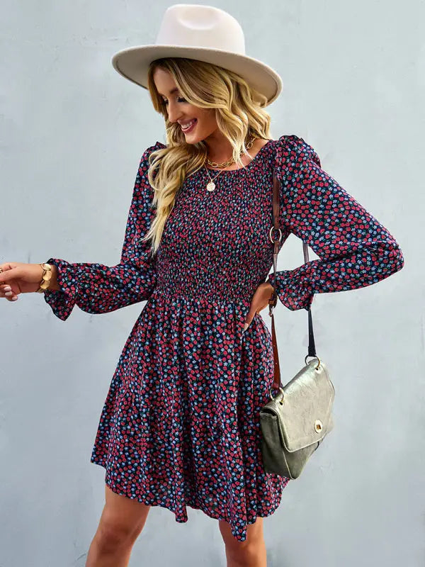 Blue Zone Planet | Emily's Round Neck Long Sleeve Versatile Floral Dress BLUE ZONE PLANET
