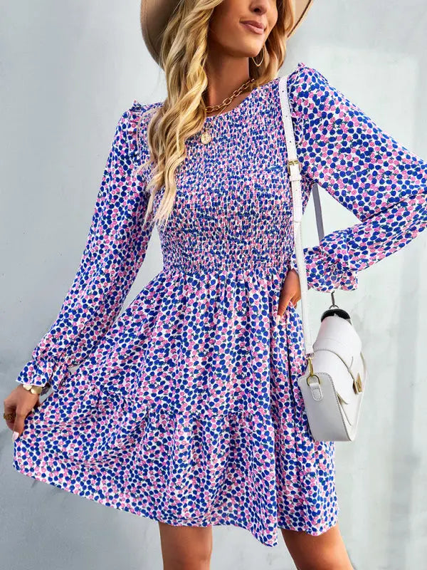 Blue Zone Planet | Emily's Round Neck Long Sleeve Versatile Floral Dress BLUE ZONE PLANET