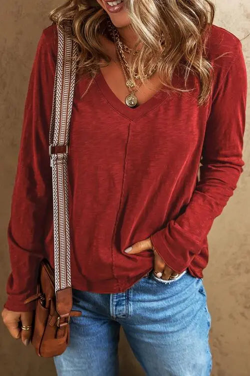 Blue Zone Planet |  Exposed Seam V-Neck Long Sleeve T-Shirt BLUE ZONE PLANET