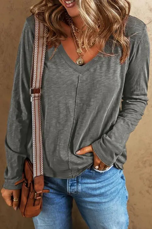 Blue Zone Planet |  Exposed Seam V-Neck Long Sleeve T-Shirt BLUE ZONE PLANET