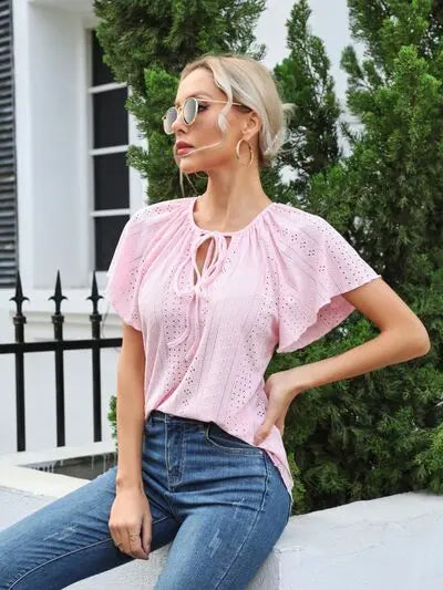 Blue Zone Planet |  Eyelet Tie Neck Flutter Sleeve Blouse BLUE ZONE PLANET
