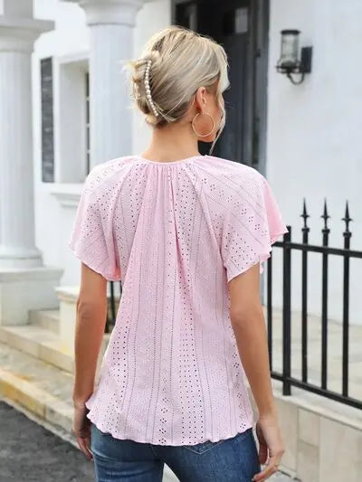 Blue Zone Planet |  Eyelet Tie Neck Flutter Sleeve Blouse BLUE ZONE PLANET