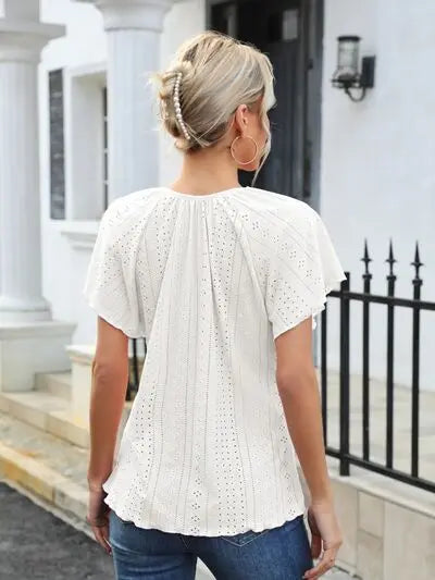 Blue Zone Planet |  Eyelet Tie Neck Flutter Sleeve Blouse BLUE ZONE PLANET
