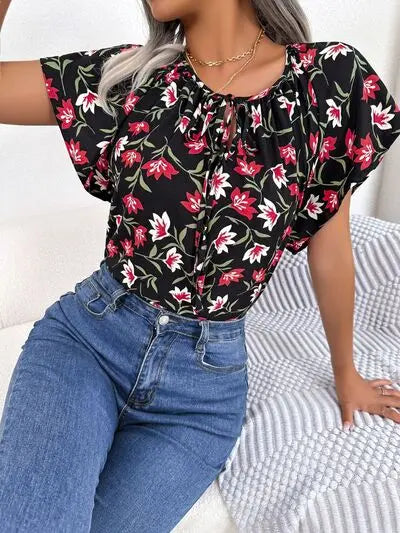 Blue Zone Planet |  Floral Tie Neck Flutter Sleeve Blouse BLUE ZONE PLANET