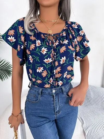 Blue Zone Planet |  Floral Tie Neck Flutter Sleeve Blouse BLUE ZONE PLANET