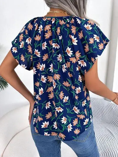 Blue Zone Planet |  Floral Tie Neck Flutter Sleeve Blouse BLUE ZONE PLANET