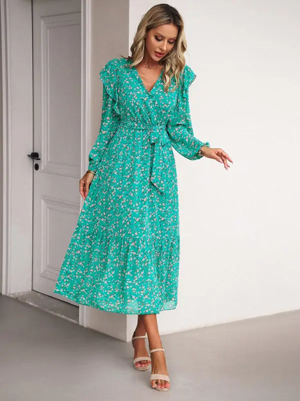 Blue Zone Planet |  Floral V-neck Long Sleeve Dress BLUE ZONE PLANET