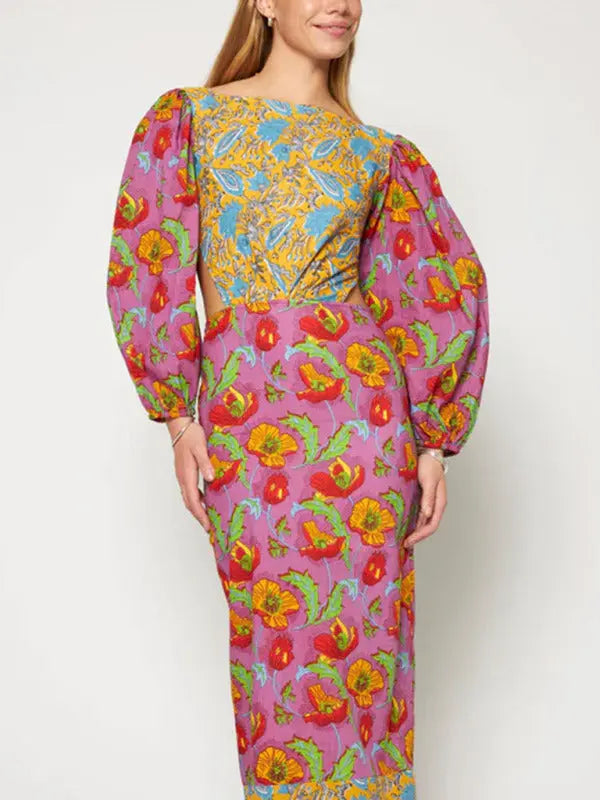 Blue Zone Planet |  Floral contrast lantern sleeve backless maxi dress BLUE ZONE PLANET