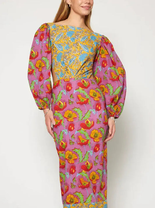 Blue Zone Planet |  Floral contrast lantern sleeve backless maxi dress BLUE ZONE PLANET