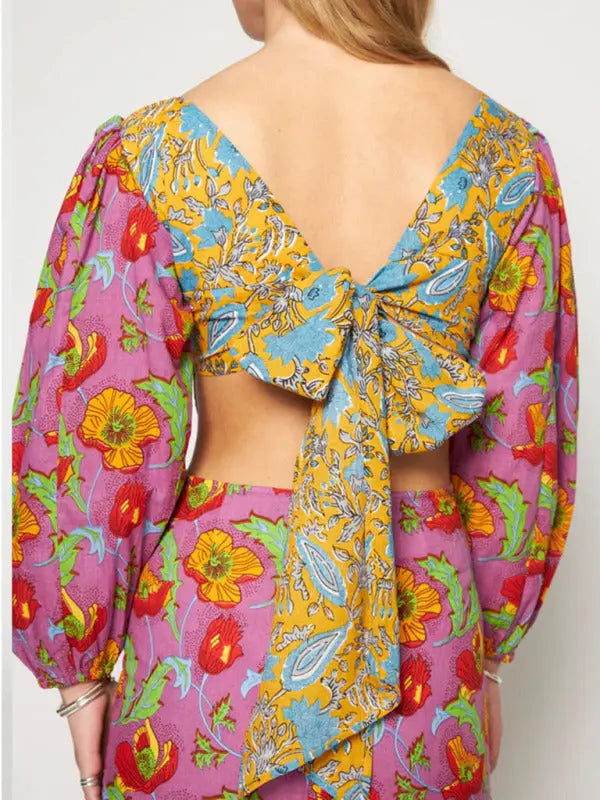 Blue Zone Planet |  Floral contrast lantern sleeve backless maxi dress BLUE ZONE PLANET