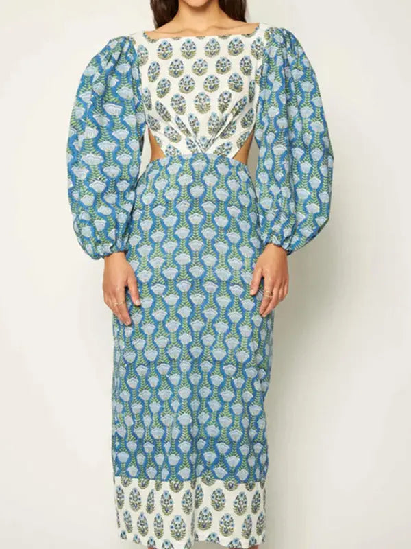 Blue Zone Planet |  Floral contrast lantern sleeve backless maxi dress BLUE ZONE PLANET