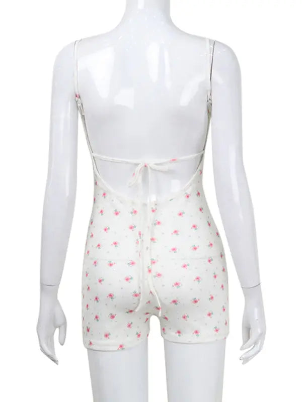 Blue Zone Planet | Floral print backless strap spaghetti strap bodysuit BLUE ZONE PLANET