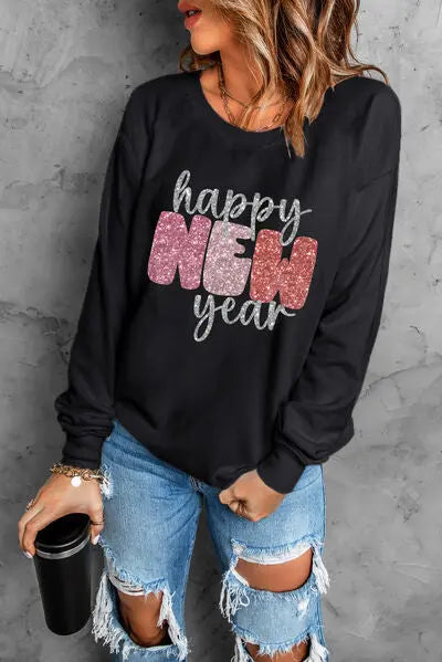 Blue Zone Planet |  HAPPY NEW YEAR Round Neck Sweatshirt BLUE ZONE PLANET