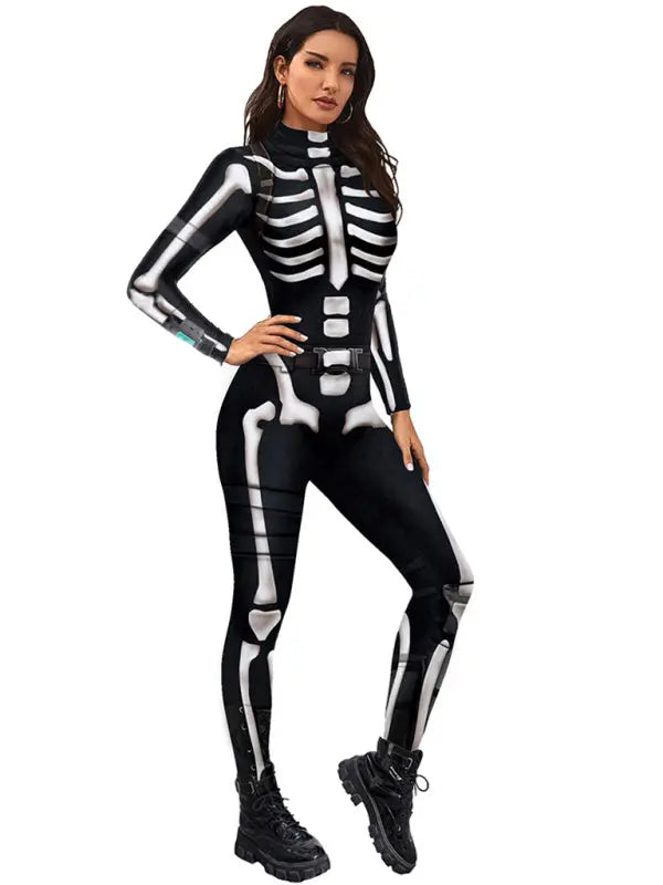 Blue Zone Planet |  Halloween Jumpsuit Skull Skeleton Digital Print Jumpsuit kakaclo