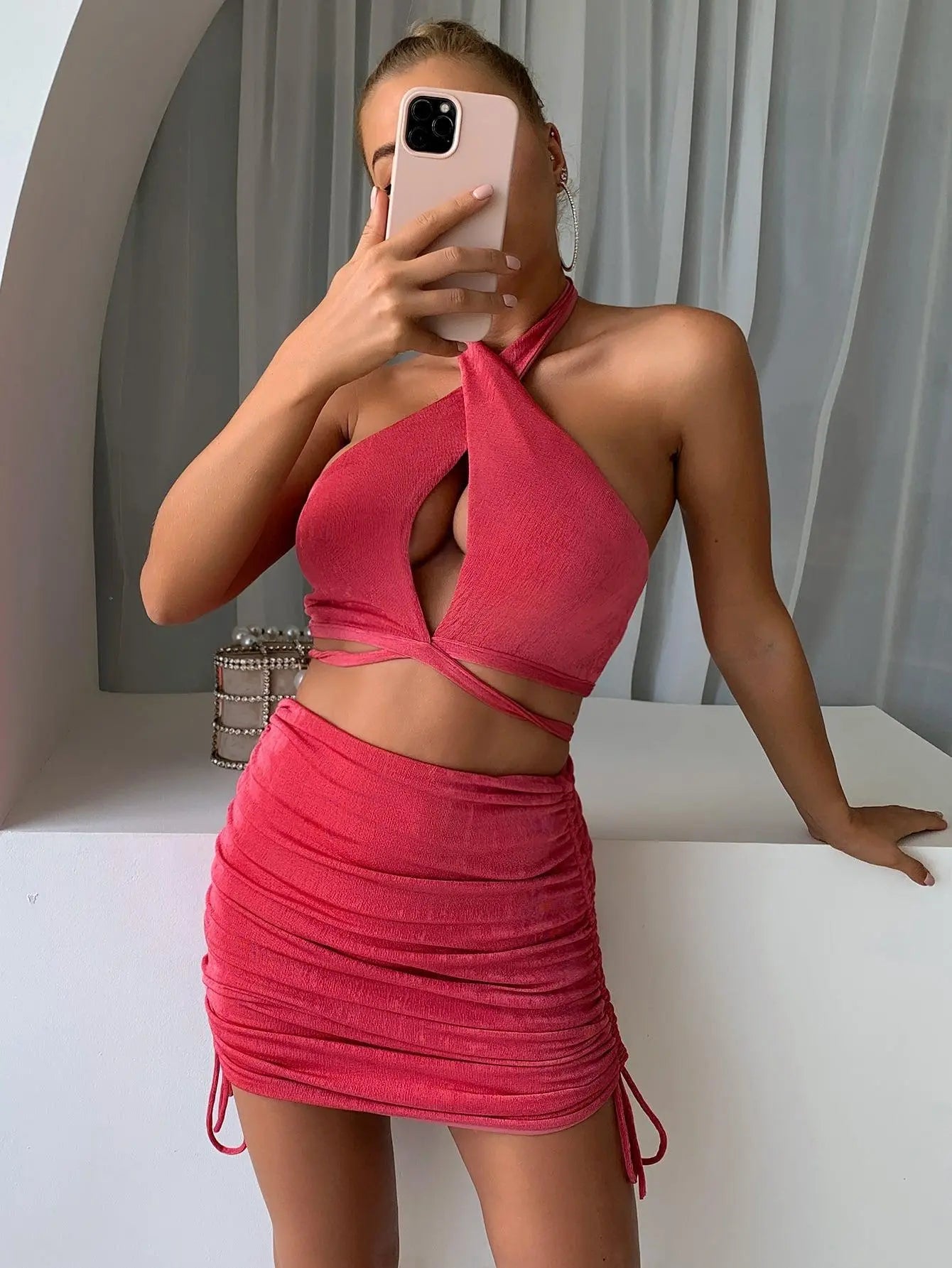 Blue Zone Planet |  Halter Neck Cropped Top and Drawstring Ruched Skirt Set BLUE ZONE PLANET