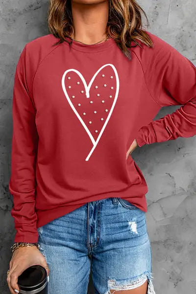Blue Zone Planet |  Heart Pearl Detail Round Neck Sweatshirt BLUE ZONE PLANET