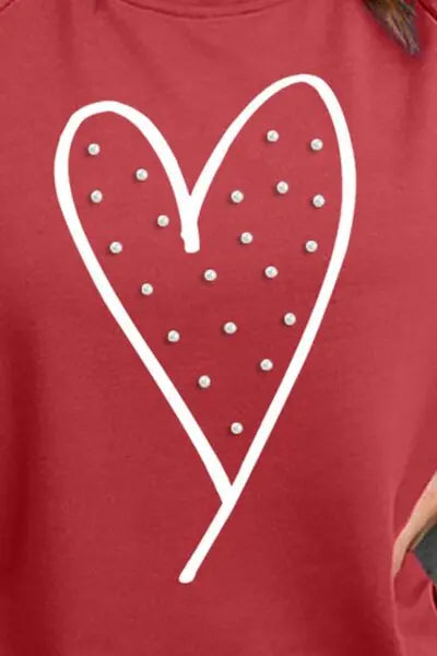 Blue Zone Planet |  Heart Pearl Detail Round Neck Sweatshirt BLUE ZONE PLANET