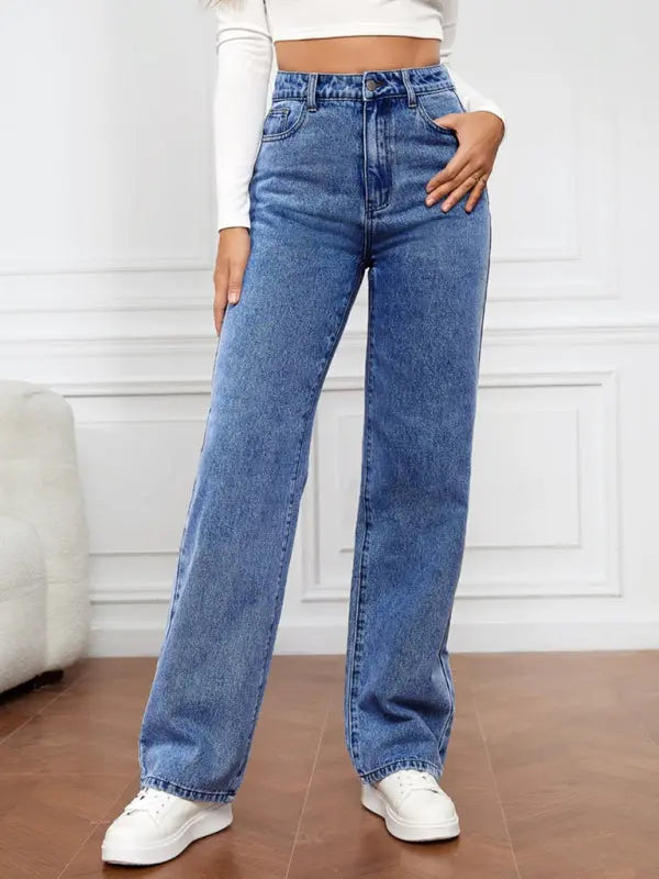 Blue Zone Planet |  High Waist Washed Straight Leg Jeans BLUE ZONE PLANET