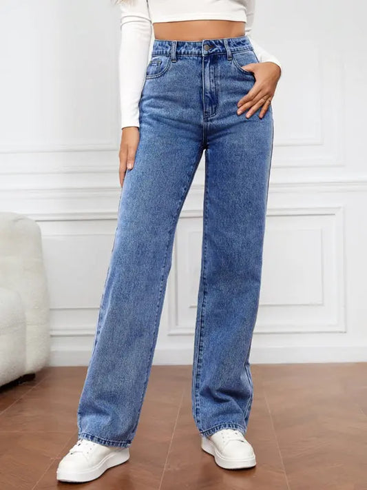 Blue Zone Planet |  High Waist Washed Straight Leg Jeans BLUE ZONE PLANET
