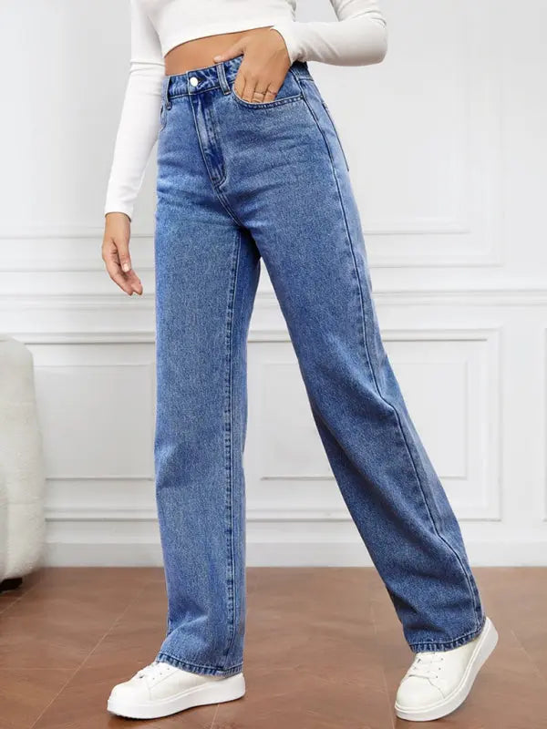 Blue Zone Planet |  High Waist Washed Straight Leg Jeans BLUE ZONE PLANET