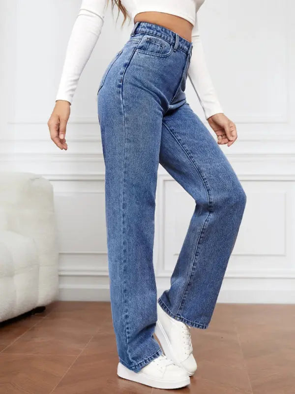 Blue Zone Planet |  High Waist Washed Straight Leg Jeans BLUE ZONE PLANET