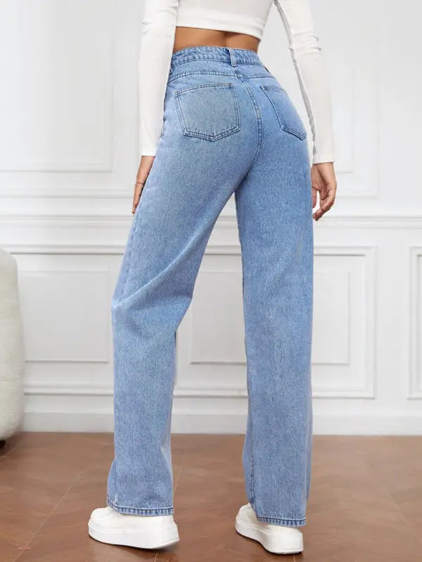 Blue Zone Planet |  High Waist Washed Straight Leg Jeans BLUE ZONE PLANET