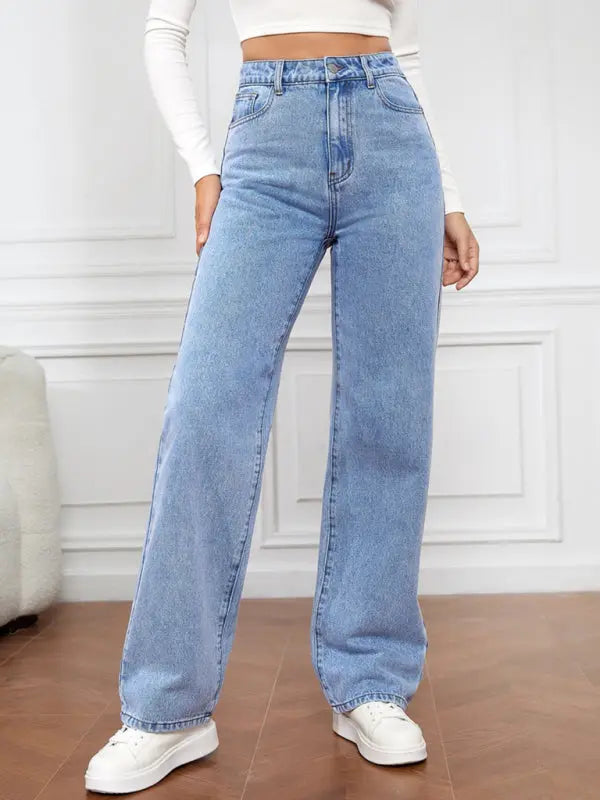 Blue Zone Planet |  High Waist Washed Straight Leg Jeans BLUE ZONE PLANET