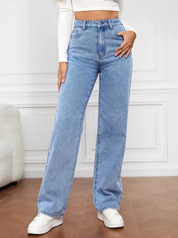 Blue Zone Planet |  High Waist Washed Straight Leg Jeans BLUE ZONE PLANET