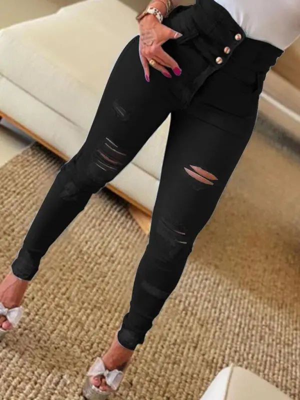 Blue Zone Planet |  High waist ripped jeans pencil pants BLUE ZONE PLANET