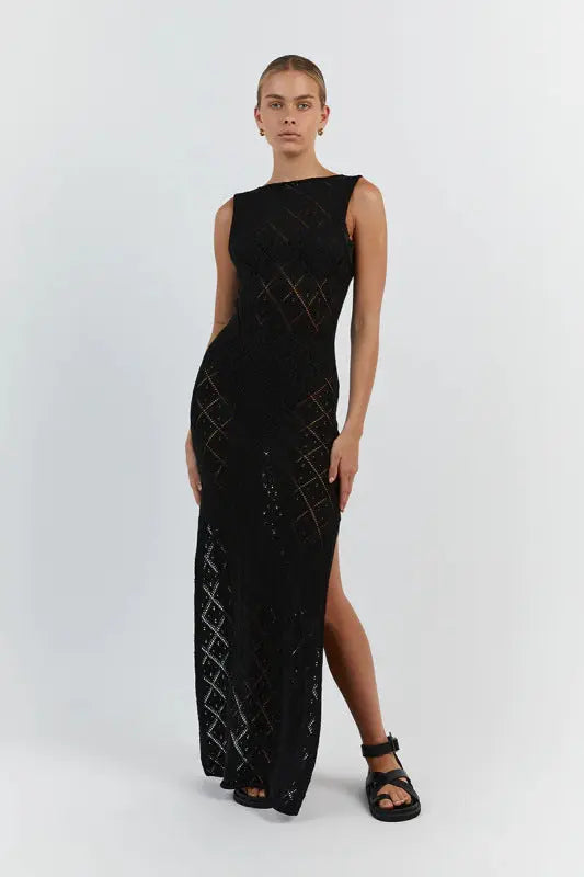 Blue Zone Planet |  Hollow knitted sleeveless long slit dress BLUE ZONE PLANET