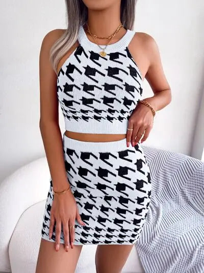 Blue Zone Planet |  Houndstooth Sleeveless Top and Skirt Sweater Set BLUE ZONE PLANET