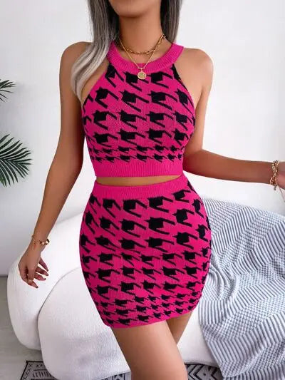Blue Zone Planet |  Houndstooth Sleeveless Top and Skirt Sweater Set BLUE ZONE PLANET