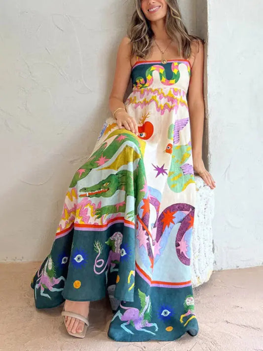 Blue Zone Planet |  Isabella's Abstract Botanical Print Spaghetti Strap Swing Maxi Dress BLUE ZONE PLANET