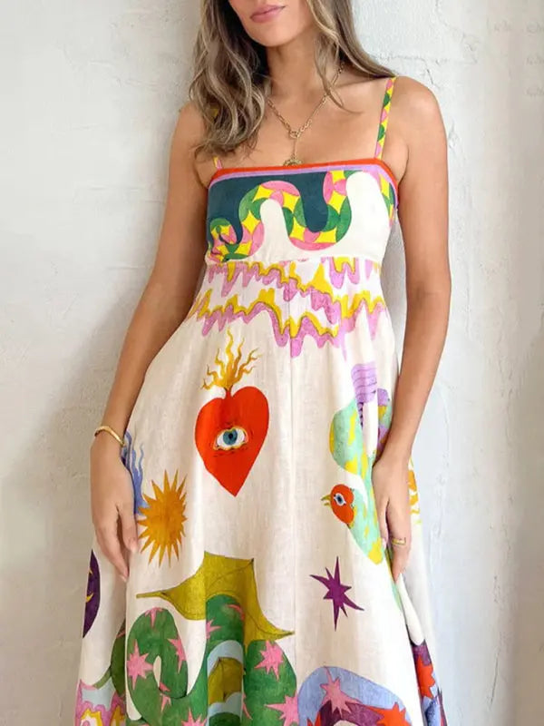 Blue Zone Planet |  Isabella's Abstract Botanical Print Spaghetti Strap Swing Maxi Dress BLUE ZONE PLANET